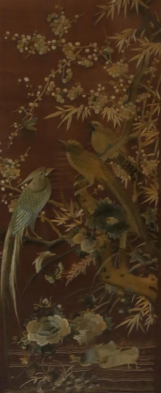 A Chinese embroidered silk picture of birds, late 19th century, 114 x 49cm